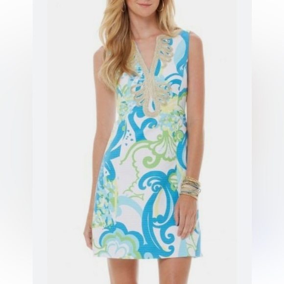 Lilly Pulitzer Dresses & Skirts - Lilly Pulitzer Janice Resort White Crystal Cost Shift Gold Dress Size 4